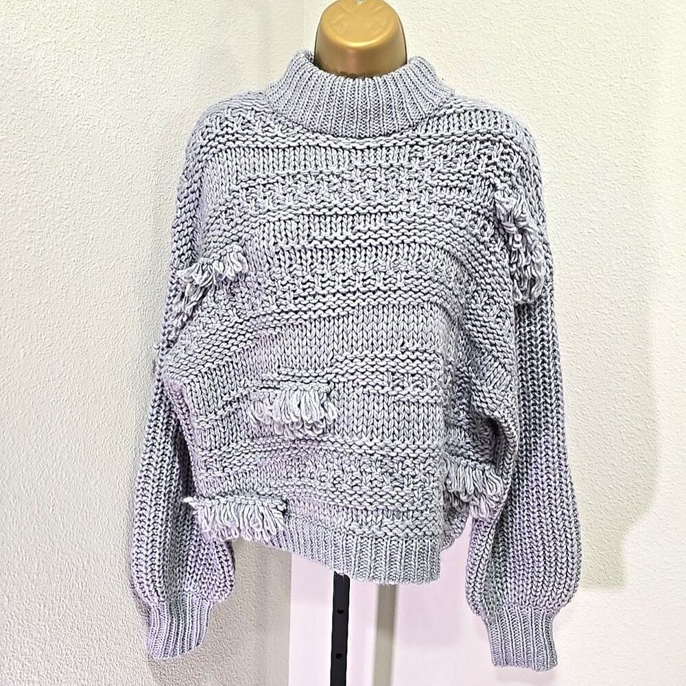 Oversized Gray Mock Neck Wool Blend Chunky Cable Knit Sweater Womens Sm Fringe